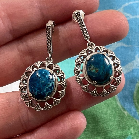 VTG Southwestern Apatite Blue Stone Sterling Silver 925 Post Pierced Earrings - Picture 3 of 6